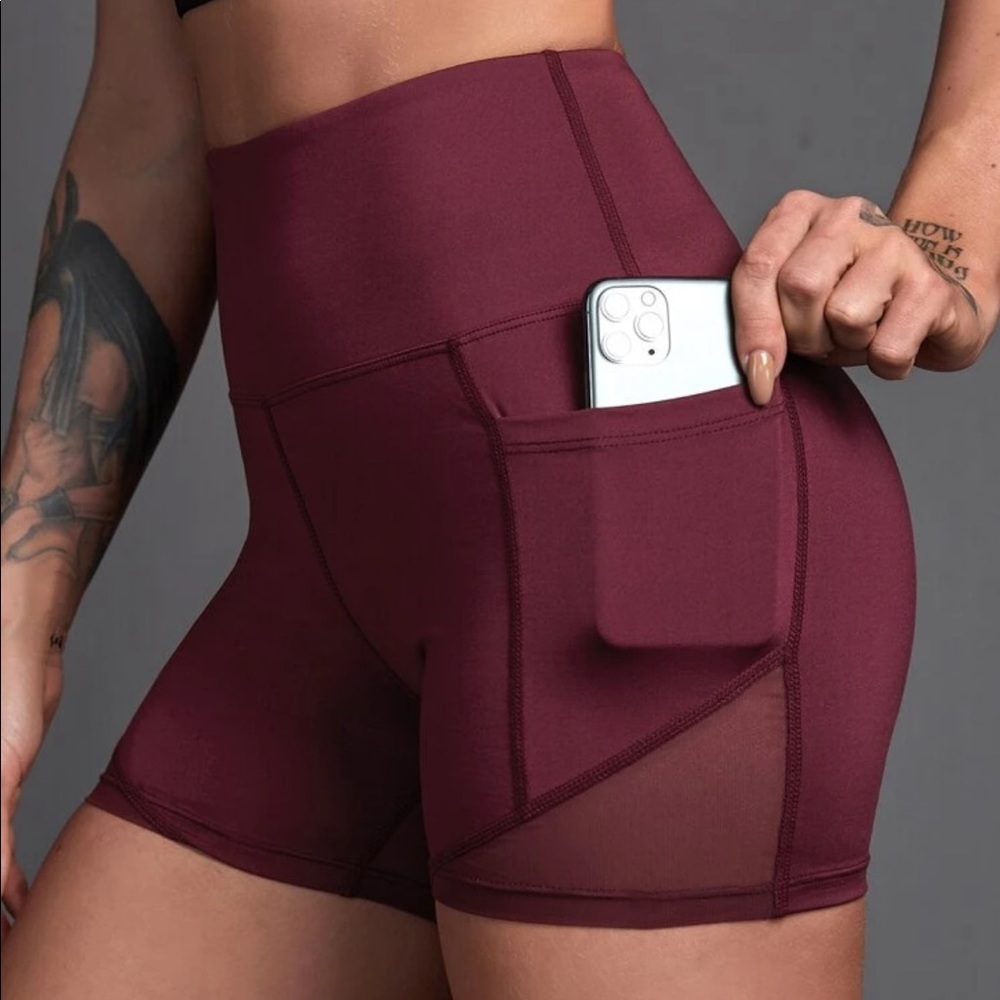 SHEIN Burgundy Mesh Biker Shorts with Pockets